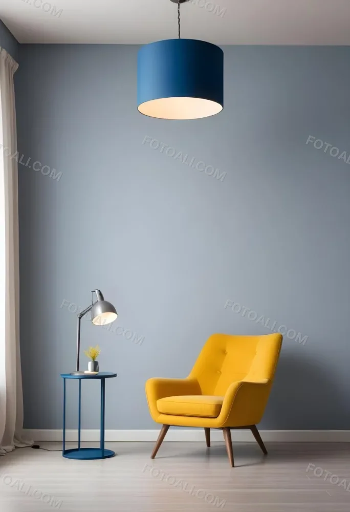 A Modern Minimalist Living Room With A Yellow Armchair A Blue Circular Side Table And A Gray Lamp Hanging From The Ceiling Against A Light Colored Wall 31 B3fe