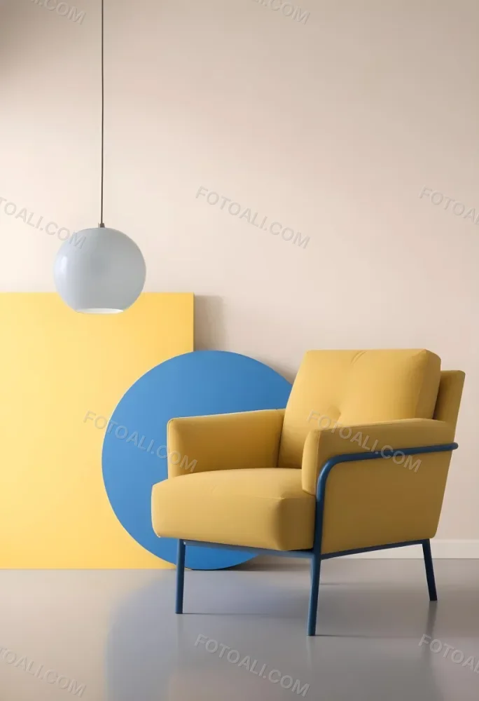 A Modern Minimalist Living Room With A Yellow Armchair A Blue Circular Side Table And A Gray Lamp Hanging From The Ceiling Against A Light Colored Wall 35 C2b0