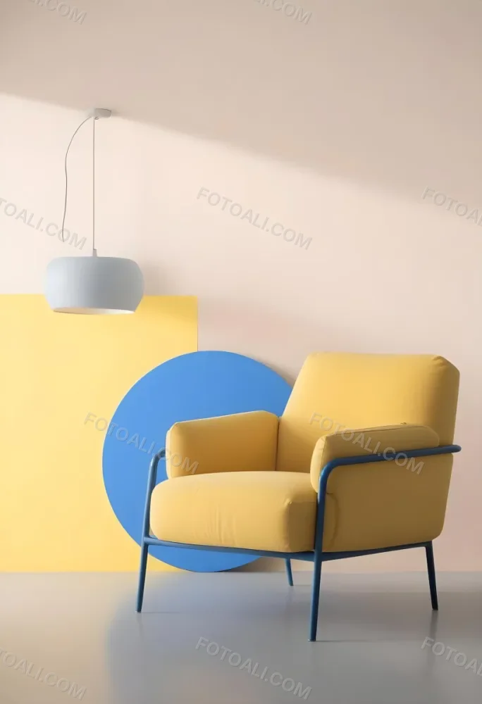 A Modern Minimalist Living Room With A Yellow Armchair A Blue Circular Side Table And A Gray Lamp Hanging From The Ceiling Against A Light Colored Wall 36 F0a3