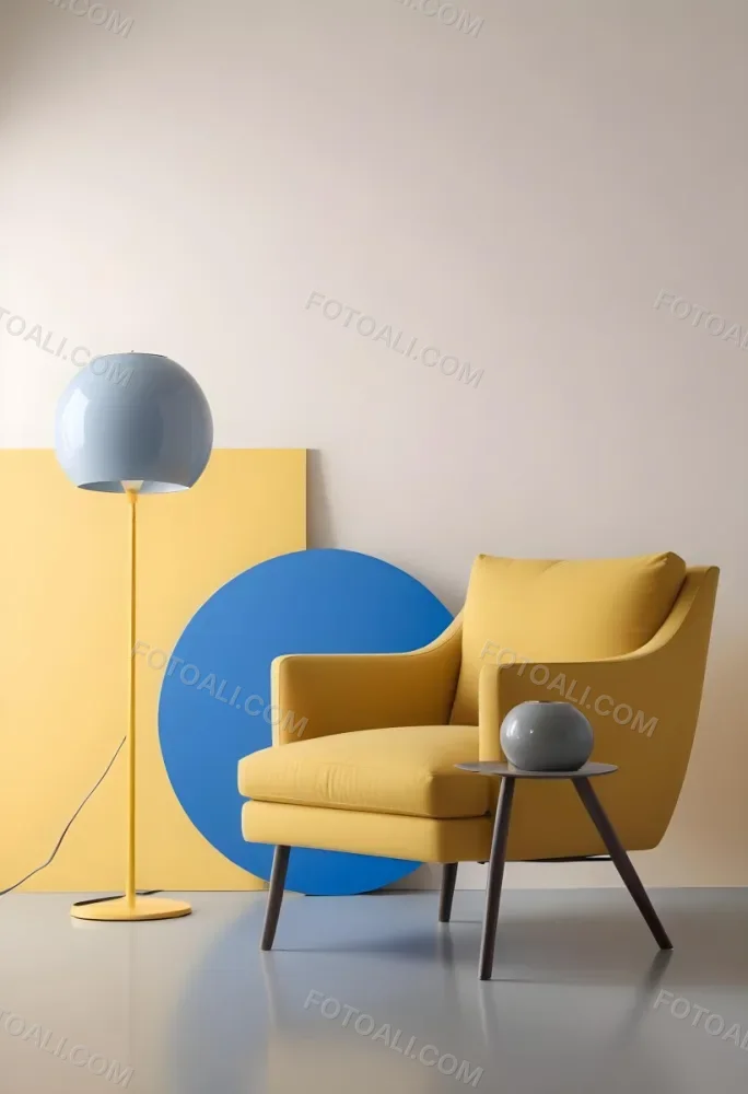 A Modern Minimalist Living Room With A Yellow Armchair A Blue Circular Side Table And A Gray Lamp Hanging From The Ceiling Against A Light Colored Wall 37 56fc
