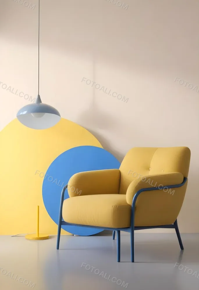 A Modern Minimalist Living Room With A Yellow Armchair A Blue Circular Side Table And A Gray Lamp Hanging From The Ceiling Against A Light Colored Wall 38 B89c