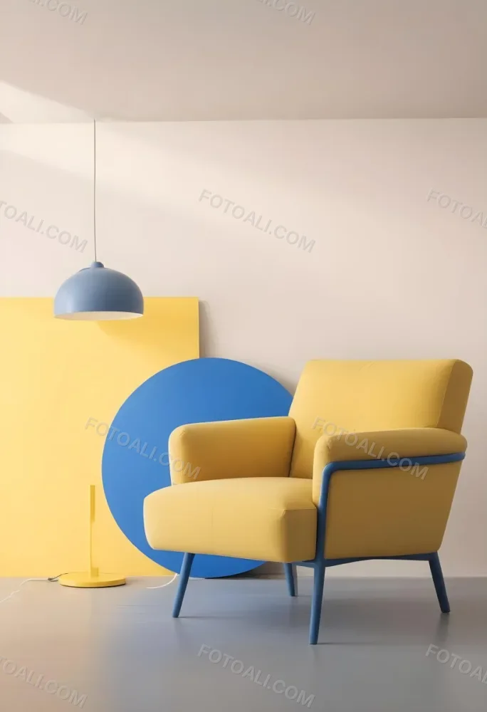 A Modern Minimalist Living Room With A Yellow Armchair A Blue Circular Side Table And A Gray Lamp Hanging From The Ceiling Against A Light Colored Wall 39 F8f5