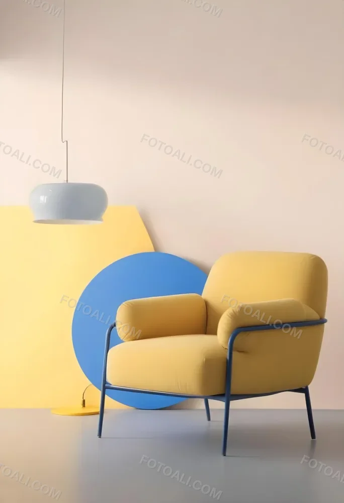 A Modern Minimalist Living Room With A Yellow Armchair A Blue Circular Side Table And A Gray Lamp Hanging From The Ceiling Against A Light Colored Wall 40 0222