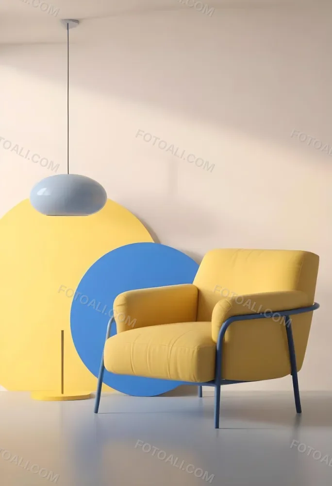 A Modern Minimalist Living Room With A Yellow Armchair A Blue Circular Side Table And A Gray Lamp Hanging From The Ceiling Against A Light Colored Wall 5 52a2