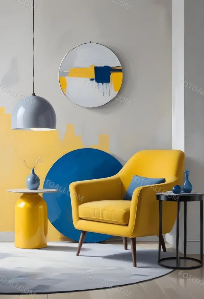 A Modern Minimalist Living Room With A Yellow Armchair A Blue Circular Side Table And A Gray Lamp Hanging From The Ceiling Against A Light Colored Wall 9 5050