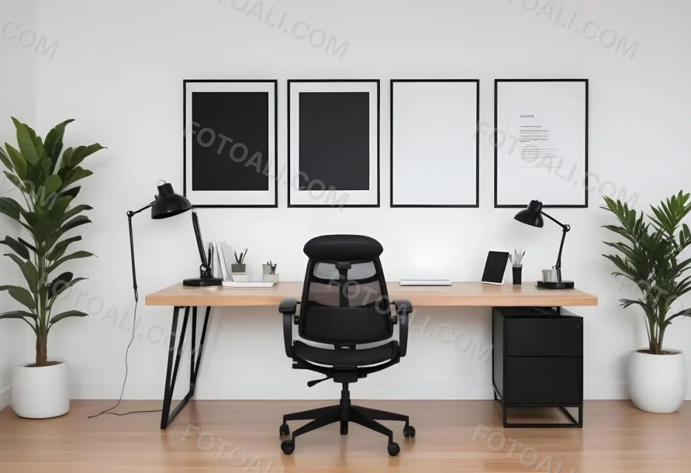 A Modern Minimalist Office Space With A Wooden Desk A Black Office Chair And Empty Picture Frames On The Wall 1 D38c