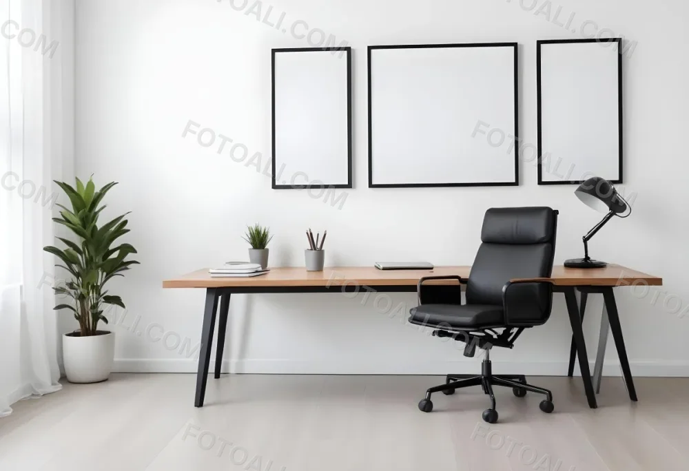 A Modern Minimalist Office Space With A Wooden Desk A Black Office Chair And Empty Picture Frames On The Wall 2 5221