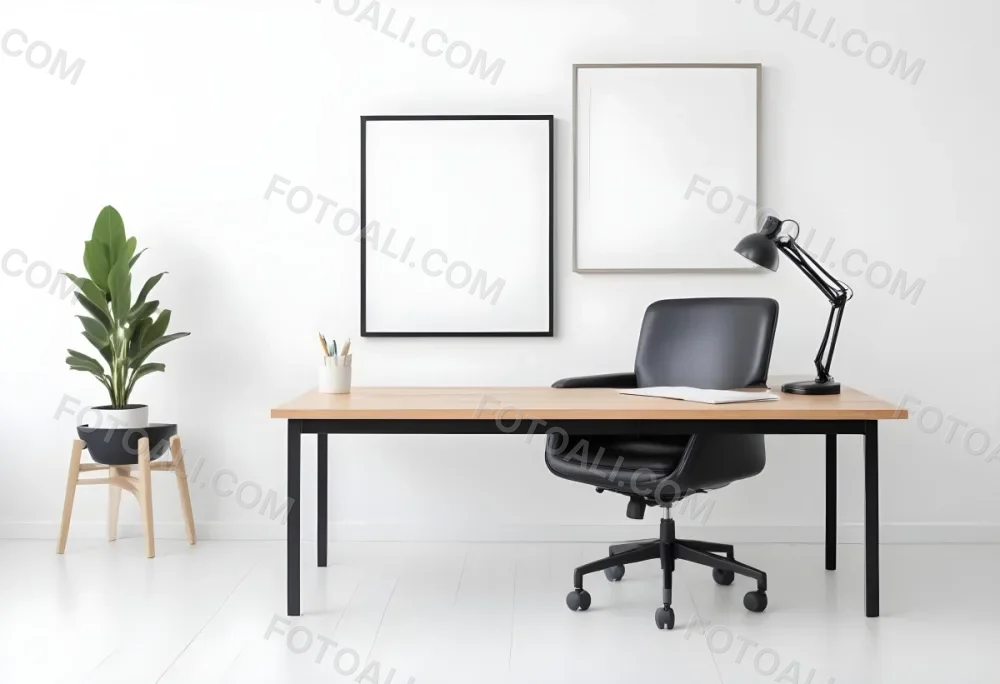A Modern Minimalist Office Space With A Wooden Desk A Black Office Chair And Empty Picture Frames On The Wall 3 F6b3