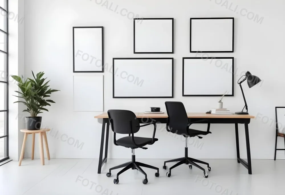 A Modern Minimalist Office Space With A Wooden Desk A Black Office Chair And Empty Picture Frames On The Wall 4 27fc