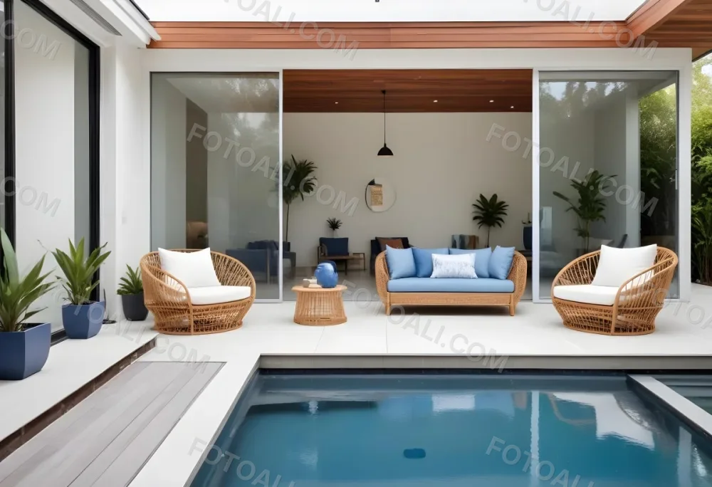 A Modern Minimalist Outdoor Living Space With White Sofas And Wooden Furniture The Space Features Large Glass Sliding Doors That Open Up To A Patio Or Backyard Area Allowing For An Indoor Outdoor F 1 4731
