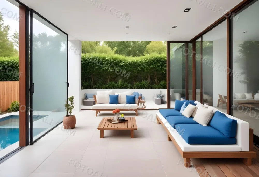 A Modern Minimalist Outdoor Living Space With White Sofas And Wooden Furniture The Space Features Large Glass Sliding Doors That Open Up To A Patio Or Backyard Area Allowing For An Indoor Outdoor F 10 Acb7