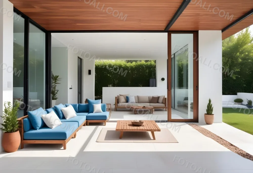 A Modern Minimalist Outdoor Living Space With White Sofas And Wooden Furniture The Space Features Large Glass Sliding Doors That Open Up To A Patio Or Backyard Area Allowing For An Indoor Outdoor F 11 603b