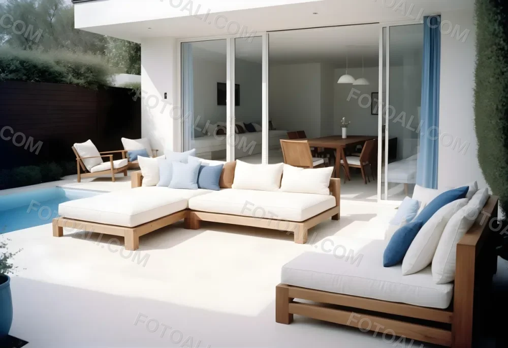 A Modern Minimalist Outdoor Living Space With White Sofas And Wooden Furniture The Space Features Large Glass Sliding Doors That Open Up To A Patio Or Backyard Area Allowing For An Indoor Outdoor F 12 4efe