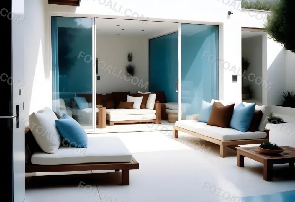 A Modern Minimalist Outdoor Living Space With White Sofas And Wooden Furniture The Space Features Large Glass Sliding Doors That Open Up To A Patio Or Backyard Area Allowing For An Indoor Outdoor F 3 1f35