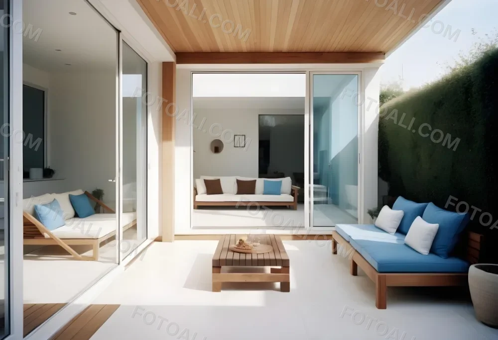 A Modern Minimalist Outdoor Living Space With White Sofas And Wooden Furniture The Space Features Large Glass Sliding Doors That Open Up To A Patio Or Backyard Area Allowing For An Indoor Outdoor F 4 Ca93