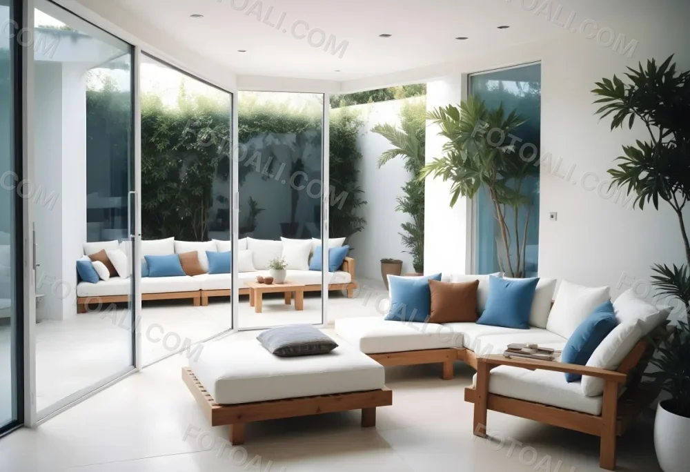 A Modern Minimalist Outdoor Living Space With White Sofas And Wooden Furniture The Space Features Large Glass Sliding Doors That Open Up To A Patio Or Backyard Area Allowing For An Indoor Outdoor F 5 5126