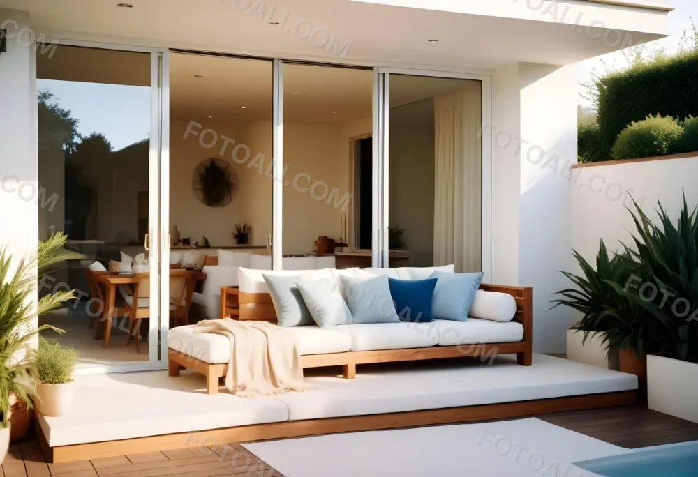 A Modern Minimalist Outdoor Living Space With White Sofas And Wooden Furniture The Space Features Large Glass Sliding Doors That Open Up To A Patio Or Backyard Area Allowing For An Indoor Outdoor F 7 09b0