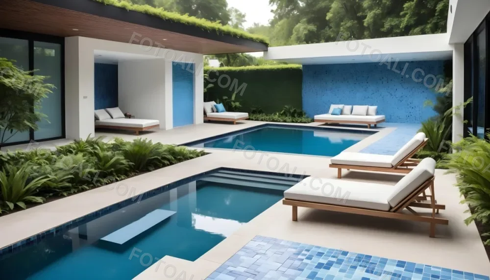 A Modern Outdoor Pool Area With A Rectangular Pool Surrounded By Lounge Chairs And Cabanas The Pool Has A Tiled Blue Bottom And The Surrounding Area Features Lush Greenery And A White Building With Bl 1 9349