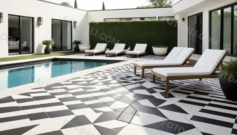 A Modern Outdoor Pool Area With A Rectangular Pool Surrounded By Lounge Chairs And Cabanas The Pool Has A Tiled Blue Bottom And The Surrounding Area Features Lush Greenery And A White Building With Bl 10 52f8