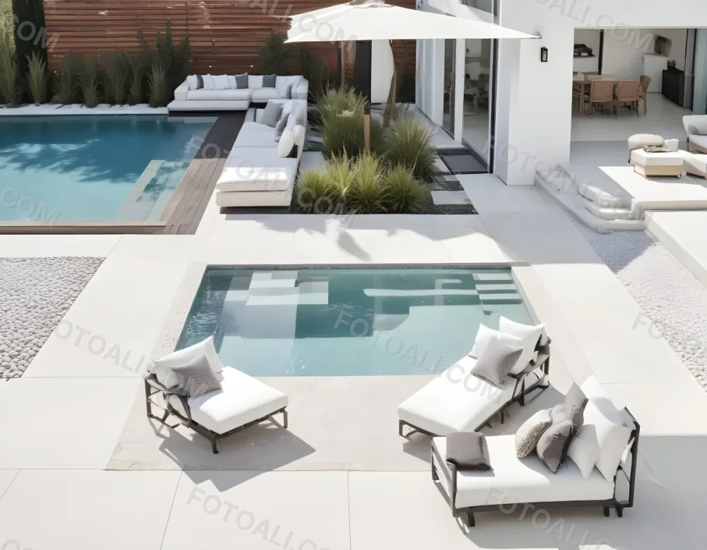 A Modern Outdoor Pool Area With A Rectangular Pool Surrounded By Lounge Chairs And Cabanas The Pool Has A Tiled Blue Bottom And The Surrounding Area Features Lush Greenery And A White Building With Bl 11 1232