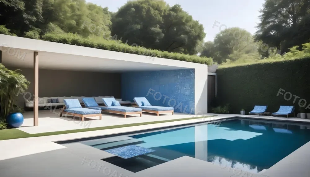 A Modern Outdoor Pool Area With A Rectangular Pool Surrounded By Lounge Chairs And Cabanas The Pool Has A Tiled Blue Bottom And The Surrounding Area Features Lush Greenery And A White Building With Bl 12 Ac4a