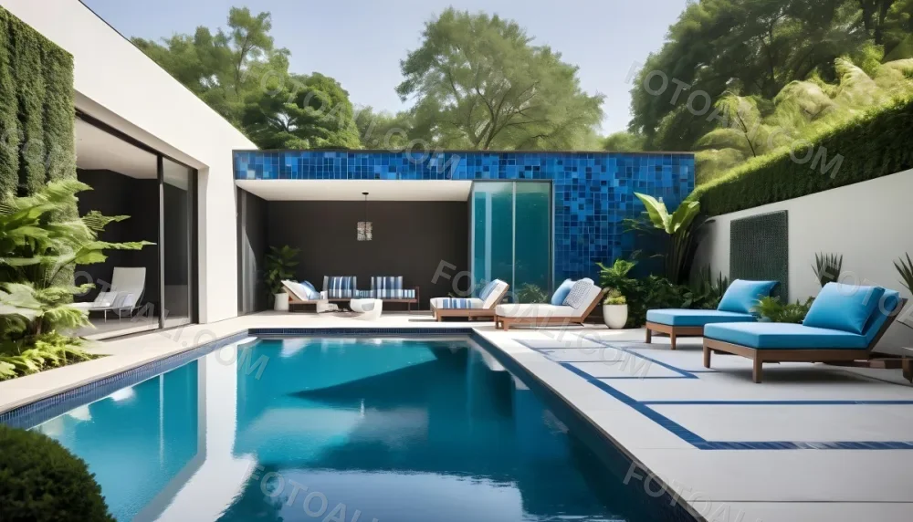 A Modern Outdoor Pool Area With A Rectangular Pool Surrounded By Lounge Chairs And Cabanas The Pool Has A Tiled Blue Bottom And The Surrounding Area Features Lush Greenery And A White Building With Bl 13 72bd