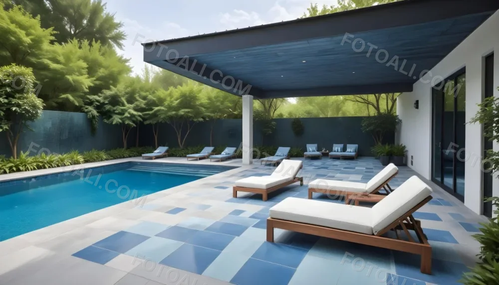 A Modern Outdoor Pool Area With A Rectangular Pool Surrounded By Lounge Chairs And Cabanas The Pool Has A Tiled Blue Bottom And The Surrounding Area Features Lush Greenery And A White Building With Bl 3 3b29