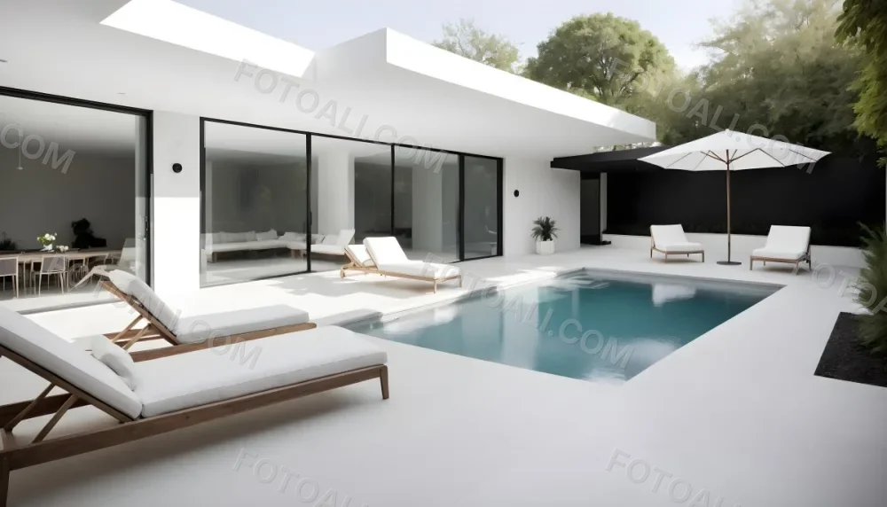A Modern Outdoor Pool Area With A Rectangular Pool Surrounded By Lounge Chairs And Cabanas The Pool Has A Tiled Blue Bottom And The Surrounding Area Features Lush Greenery And A White Building With Bl 4 Db2b