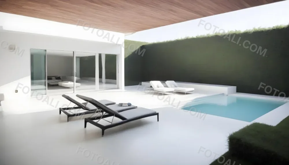 A Modern Outdoor Pool Area With A Rectangular Pool Surrounded By Lounge Chairs And Cabanas The Pool Has A Tiled Blue Bottom And The Surrounding Area Features Lush Greenery And A White Building With Bl 5 F131