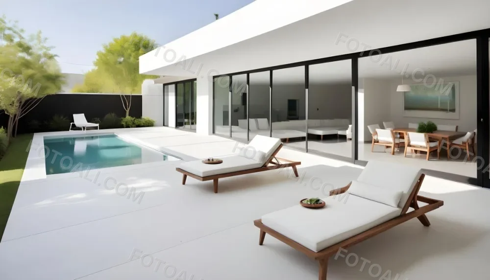 A Modern Outdoor Pool Area With A Rectangular Pool Surrounded By Lounge Chairs And Cabanas The Pool Has A Tiled Blue Bottom And The Surrounding Area Features Lush Greenery And A White Building With Bl 6 89f6