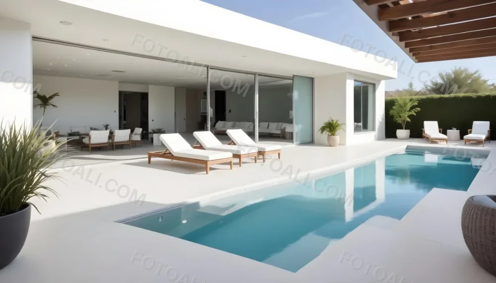 A Modern Outdoor Pool Area With A Rectangular Pool Surrounded By Lounge Chairs And Cabanas The Pool Has A Tiled Blue Bottom And The Surrounding Area Features Lush Greenery And A White Building With Bl 7 A308