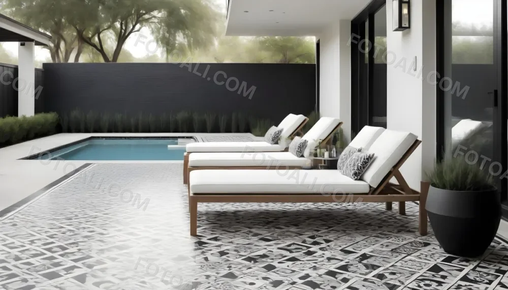 A Modern Outdoor Pool Area With A Rectangular Pool Surrounded By Lounge Chairs And Cabanas The Pool Has A Tiled Blue Bottom And The Surrounding Area Features Lush Greenery And A White Building With Bl 9 A47c