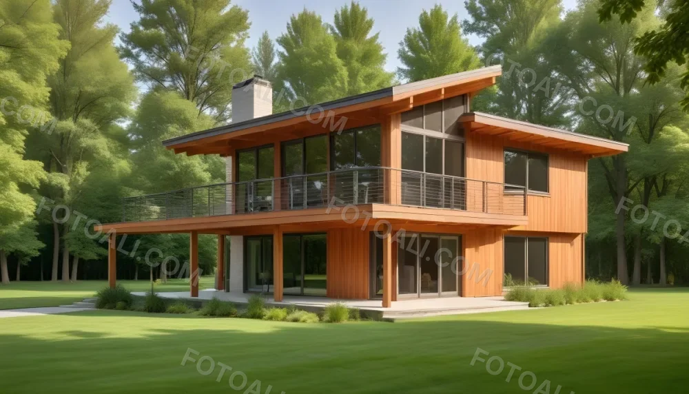A Modern Two Story Residential House With A Wooden Exterior Large Windows And A Covered Porch The House Is Surrounded By A Grassy Lawn And Trees Suggesting A Rural Setting 8 2689