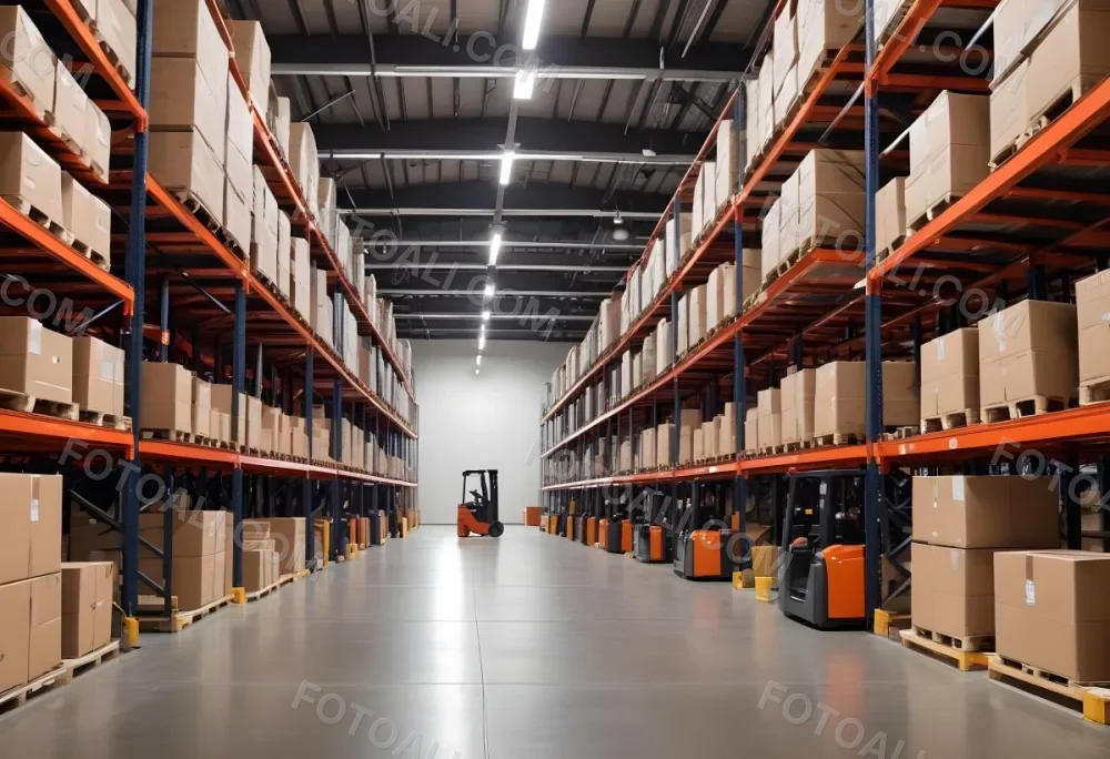 A Modern Warehouse Interior With Industrial Shelving Forklifts And Overhead Lighting 13 F42a