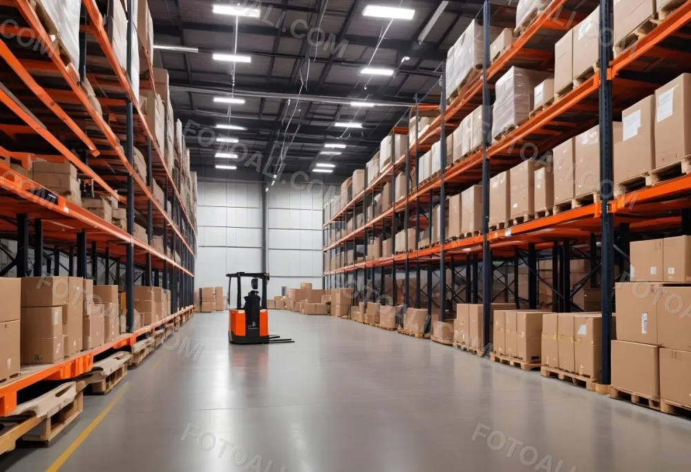 A Modern Warehouse Interior With Industrial Shelving Forklifts And Overhead Lighting 16 0e53