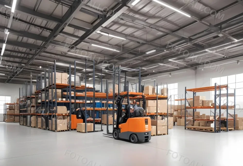 A Modern Warehouse Interior With Industrial Shelving Forklifts And Overhead Lighting 18 8276