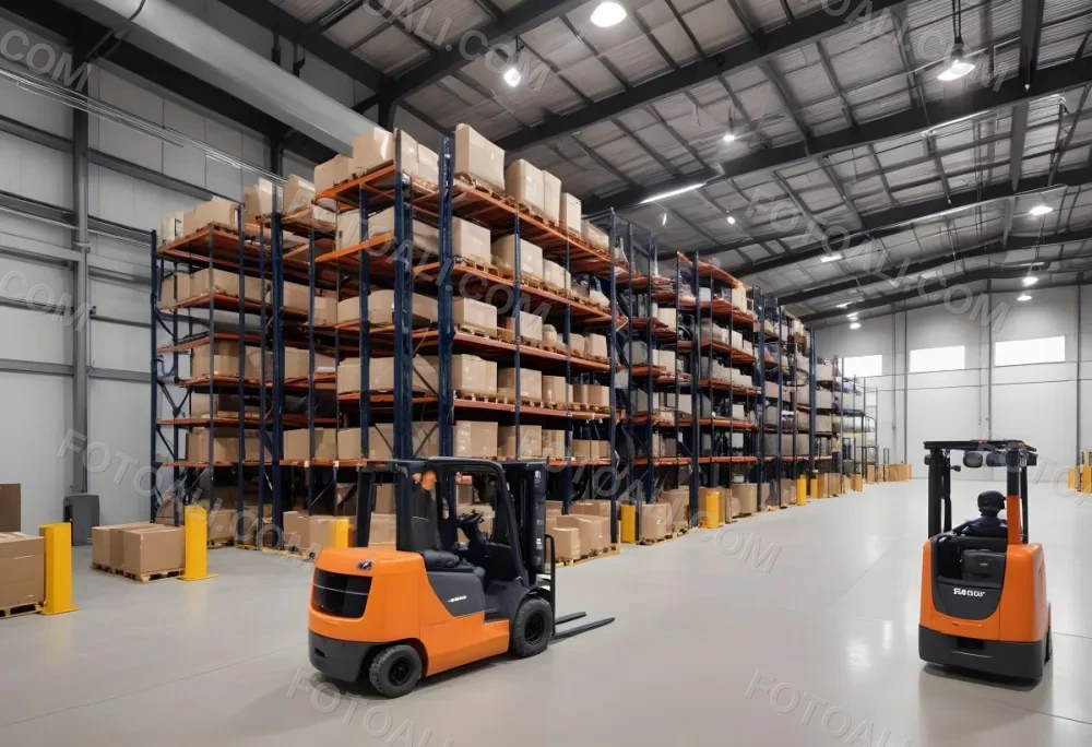 A Modern Warehouse Interior With Industrial Shelving Forklifts And Overhead Lighting 2 E308