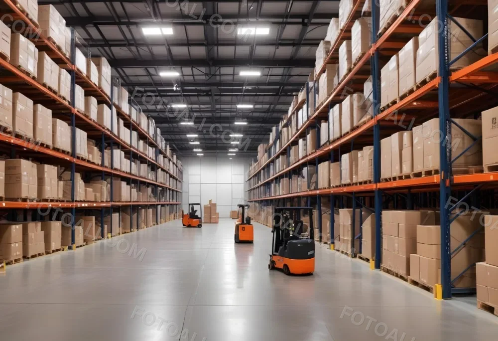 A Modern Warehouse Interior With Industrial Shelving Forklifts And Overhead Lighting 3 5d64