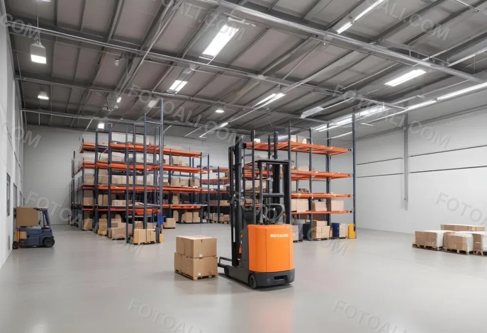 A Modern Warehouse Interior With Industrial Shelving Forklifts And Overhead Lighting 5 9147
