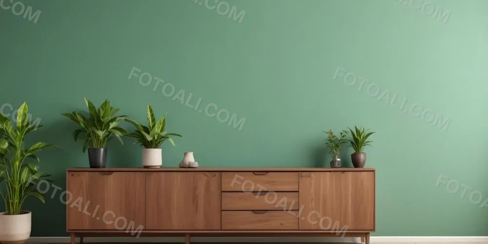 A Modern Wooden Sideboard With Drawers And Cabinets Against A Green Wall Decorated With Potted Plants And Vases 1 5863