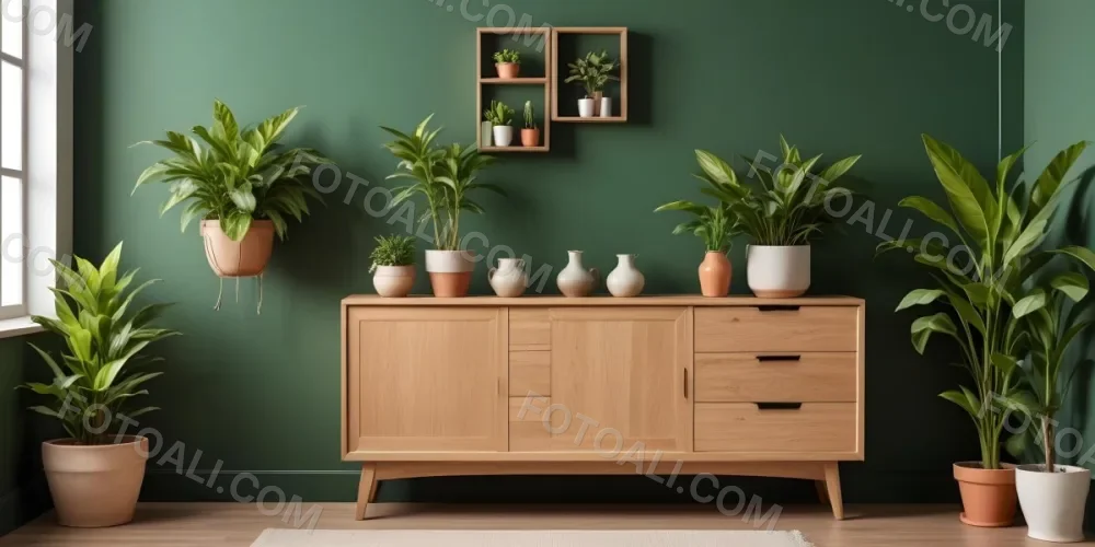 A Modern Wooden Sideboard With Drawers And Cabinets Against A Green Wall Decorated With Potted Plants And Vases 2 4f6d