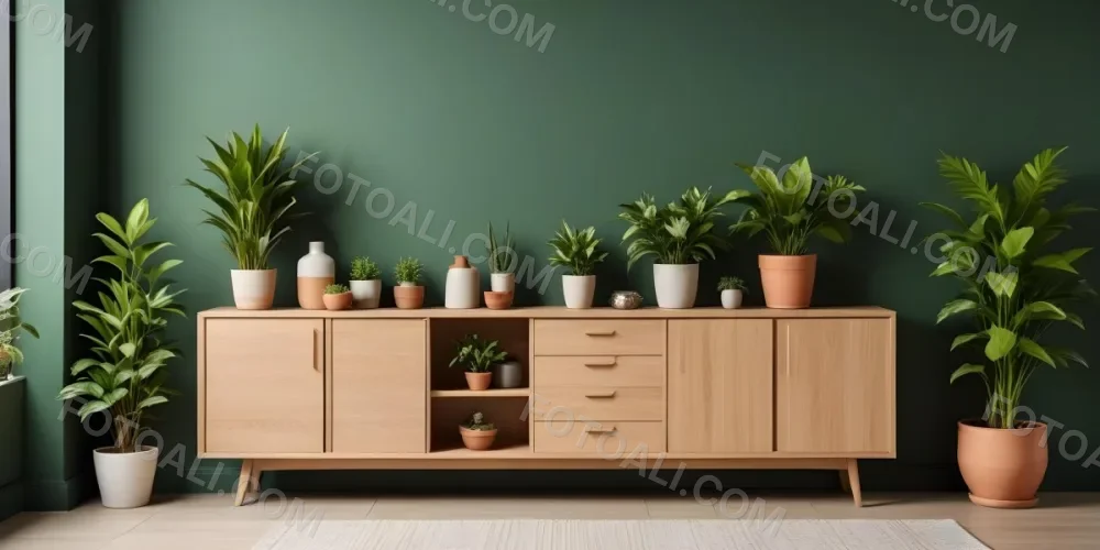 A Modern Wooden Sideboard With Drawers And Cabinets Against A Green Wall Decorated With Potted Plants And Vases 4 D770