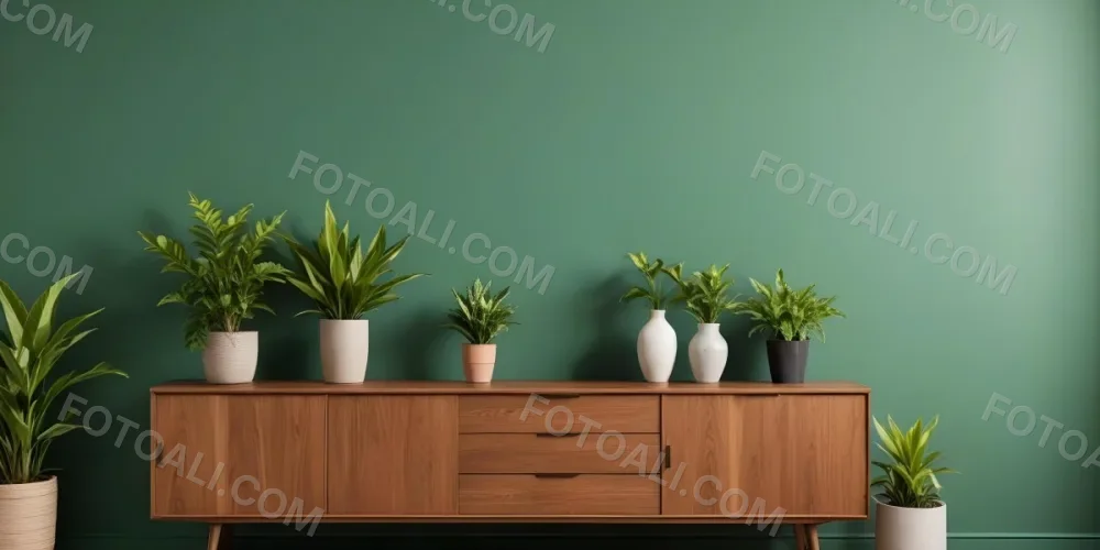 A Modern Wooden Sideboard With Drawers And Cabinets Against A Green Wall Decorated With Potted Plants And Vases 5 57d9