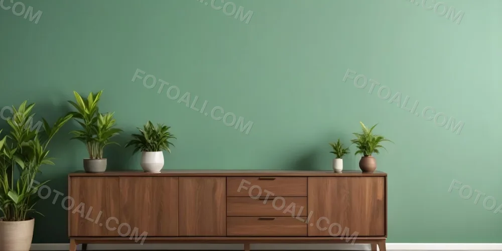 A Modern Wooden Sideboard With Drawers And Cabinets Against A Green Wall Decorated With Potted Plants And Vases 6 2cdc