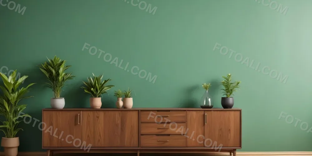 A Modern Wooden Sideboard With Drawers And Cabinets Against A Green Wall Decorated With Potted Plants And Vases 8 8ace