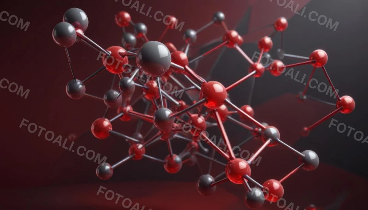 A Molecular Structure With Red And Gray Spheres Connected By Rods Floating In A Red And Dark Background 22 9184