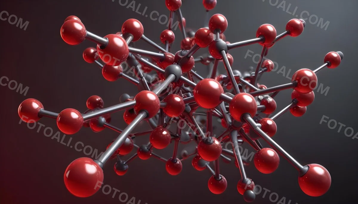 A Molecular Structure With Red And Gray Spheres Connected By Rods Floating In A Red And Dark Background 5 071e