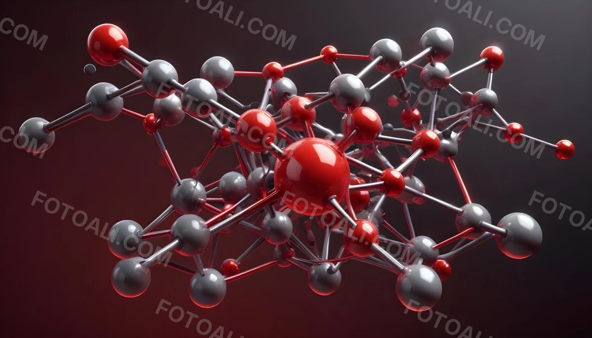 A Molecular Structure With Red And Gray Spheres Connected By Rods Floating In A Red And Dark Background 9 96d0