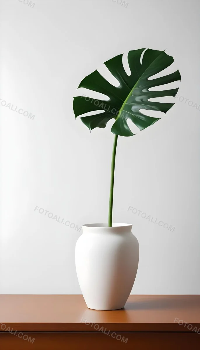 A Monstera Leaf In A White Vase The Background Is A White Wall With A Shadow 1 A557