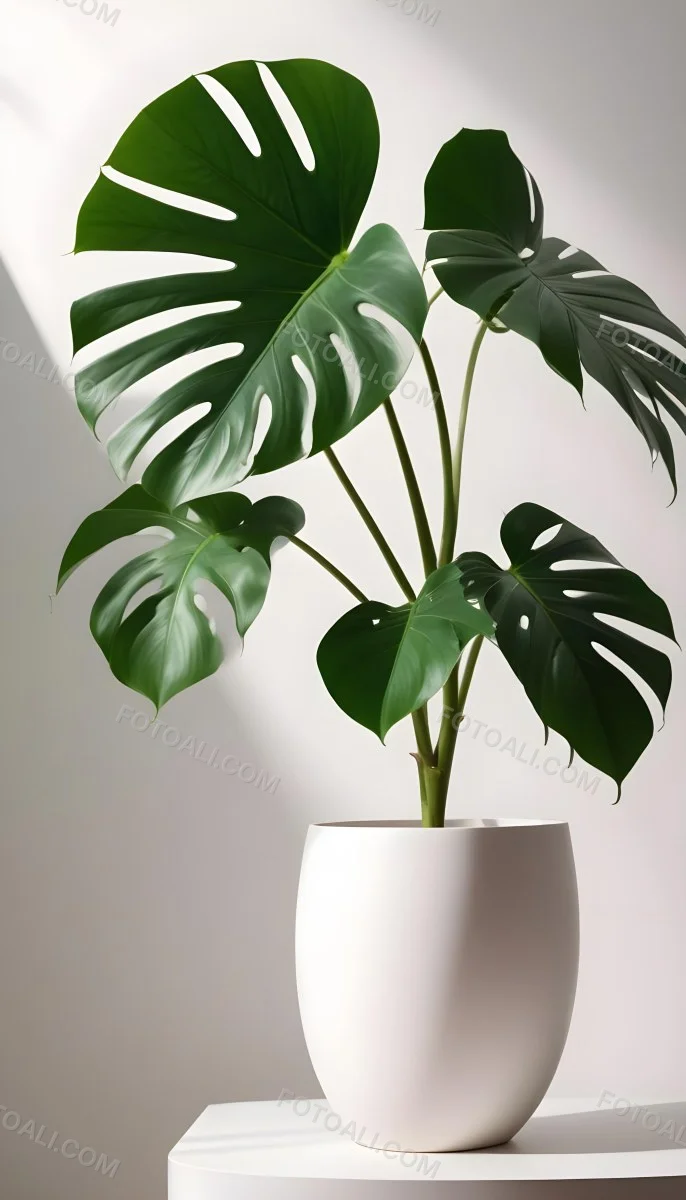 A Monstera Leaf In A White Vase The Background Is A White Wall With A Shadow 10 B377